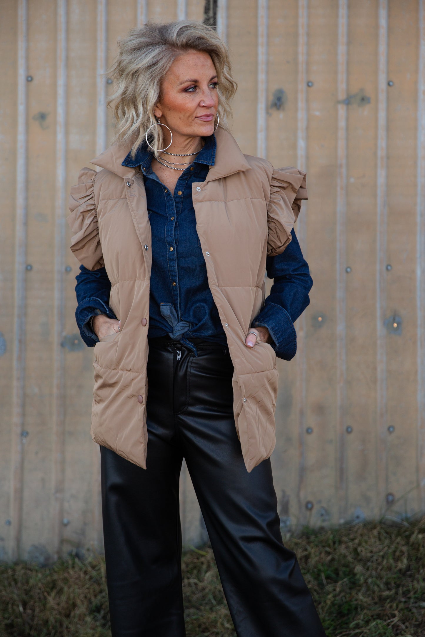 Rosa Ruffle Sleeve Vest In Tan