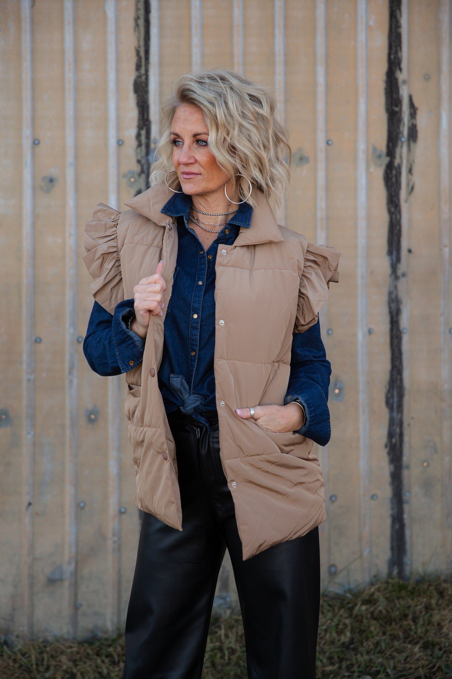 Rosa Ruffle Sleeve Vest In Tan