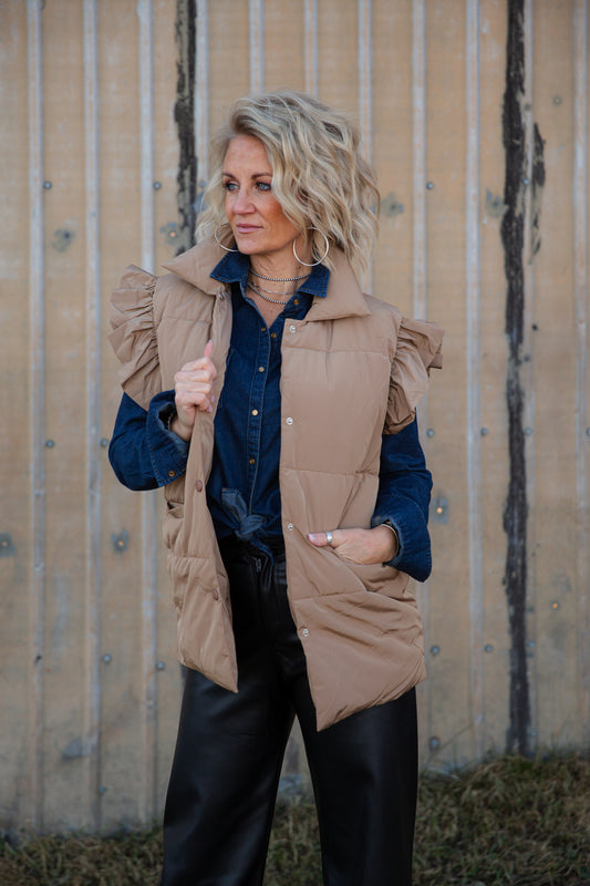 Rosa Ruffle Sleeve Vest In Tan